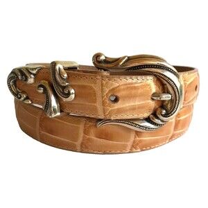Vintage Coldwater Creek Croc Leather Belt Beige Tan Womens Size M L 32-36"